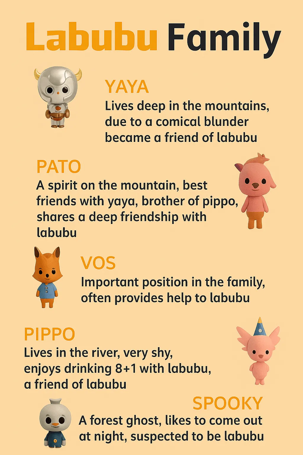 Labubu family members infographic including Yaya, Pato, Vos, Pippo, and Spooky with quirky character bios and colorful toy designs