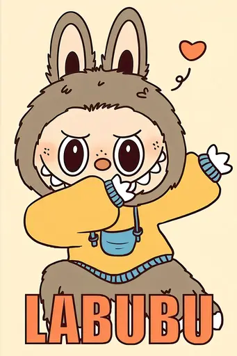Labubu dabbing in yellow sweater with heart and blue pouch on cream background