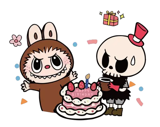 Brown Labubu with skeleton friend, birthday cake, and confetti, festive cartoon