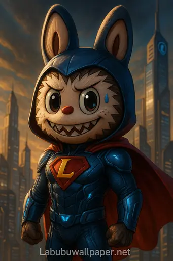 Labubu in Superman-style blue suit and red cape in city at sunset