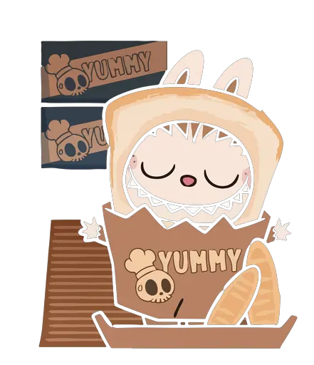 Labubu in bread hoodie, YUMMY bread bag, cozy pastel bakery cartoon