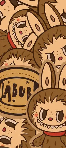 Pattern of brown Labubu with sleepy and mischievous faces, stitched label, doodle