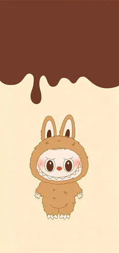 Labubu in brown bunny suit, chocolate dripping, creamy beige background, minimal