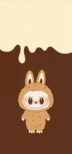 Labubu peeking in brown bunny suit, melted chocolate, beige background, cartoon