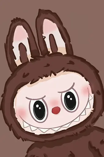 Close-up Labubu in brown bunny suit with black eyes and smirk, brown background