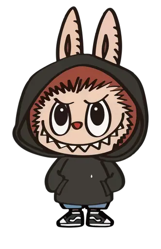 Brown and tan Labubu in black hoodie and blue jeans, urban cartoon style