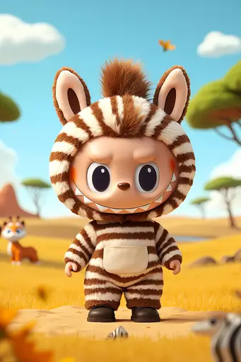 Labubu in brown and white zebra suit, savanna landscape, blue sky, 3D style