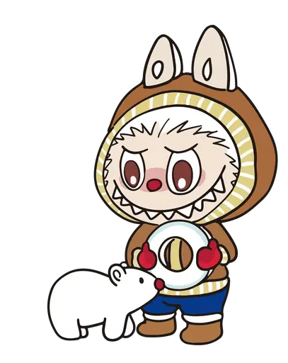 Brown Labubu in winter bunny hoodie with lifebuoy and polar bear, cartoon style