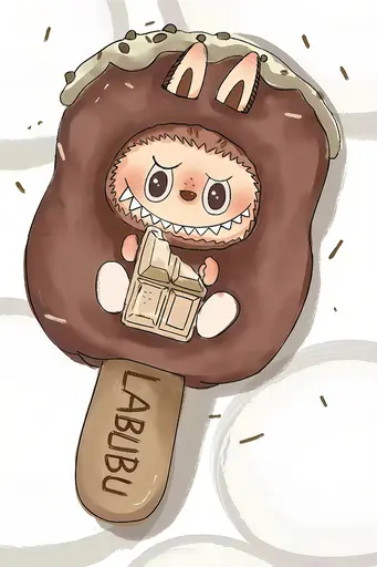 Labubu with light brown fur sitting in chocolate bar, holding chocolate, sweet style