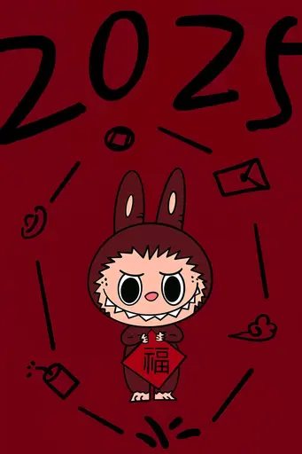 Labubu in brown bunny suit, red blessing sign, New Year icons, red background