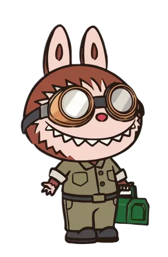 Brown Labubu in goggles, khaki mechanic suit, green toolbox, adventurous art