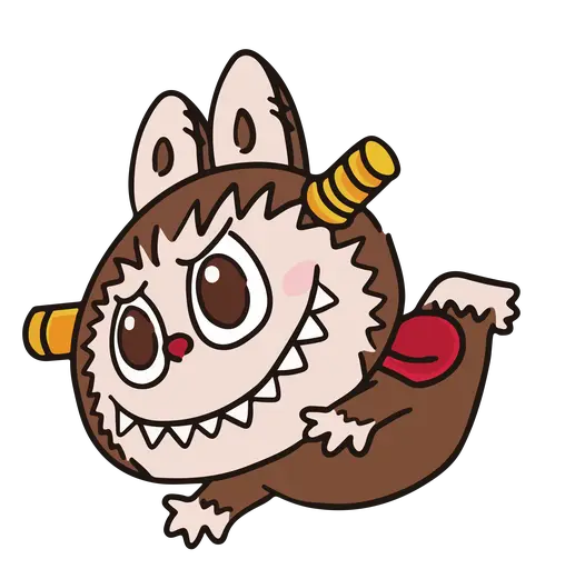 Brown Labubu with horns, red pouch, leaping, transparent background, cartoon