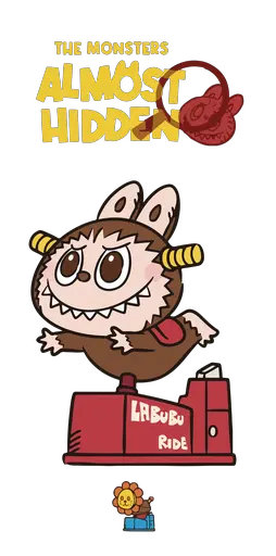 Brown Labubu with horns riding red coin-op ride, playful white background