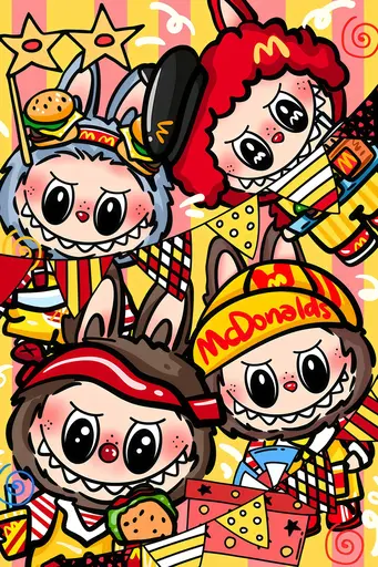 Four Labubu in McDonald's costumes with fries, stars, and confetti, cartoon style