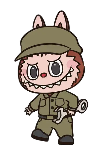 Brown Labubu in olive uniform and cap, holding wrench, clean cartoon