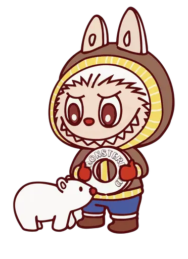Brown Labubu in yellow parka with polar bear cub, arctic explorer cartoon