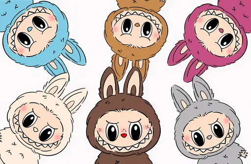 Six pastel Labubu in blue, pink, orange, cream, brown, and grey, radial layout
