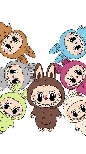 Six pastel Labubu in blue, pink, orange, cream, brown, and grey, radial layout