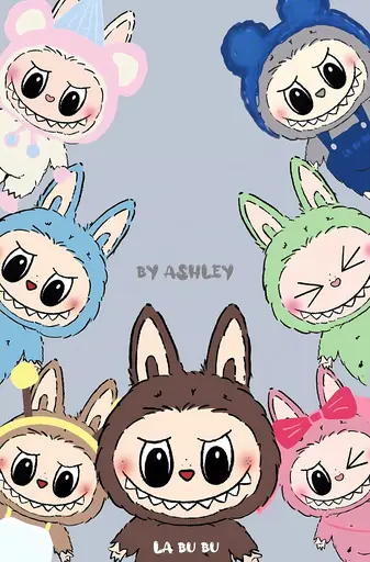 Eight Labubu in bear hats, party outfits, bunny suits, pastel lavender scene