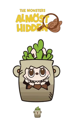 Brown Labubu almost hidden in plant pot, green leaves, playful cartoon