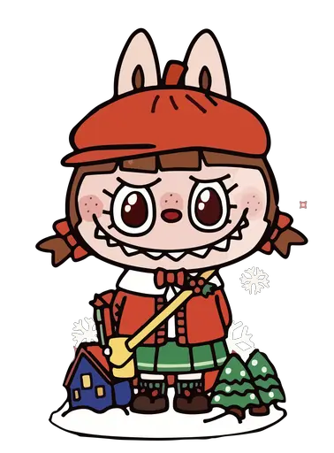 Brown Labubu in red beret and coat, pigtails, snow scene, festive cartoon