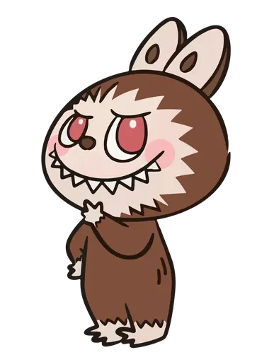 Brown Labubu with red eyes thinking pose, cheeky grin, cartoon style