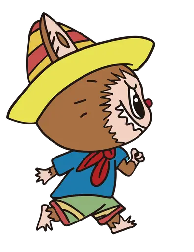Brown Labubu in yellow hat, blue shirt, green shorts, red scarf, walking