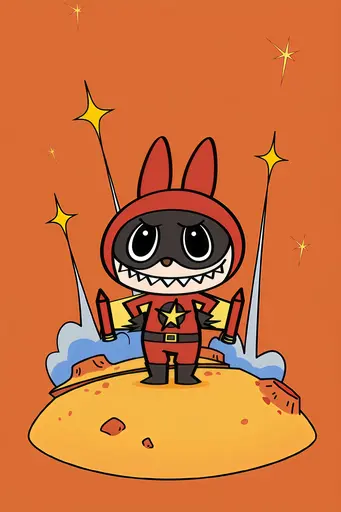 Labubu in red space hero suit with yellow star and rockets, vivid comic background