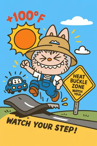 Labubu jumps over heat-buckled road in a heatwave