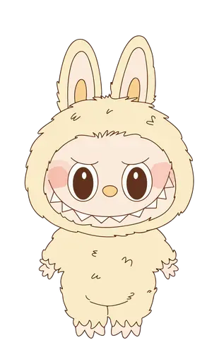 Cream white Labubu in fluffy bunny costume, line art, gentle cartoon style