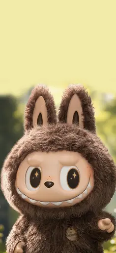 Dark brown Labubu smiling in furry bunny suit, sunlit woodland clearing