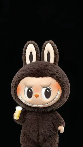 Dark brown Labubu in bunny suit, blushing and smirking, holding flashlight on black