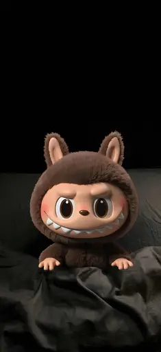Dark brown Labubu in bunny suit, intense expression, on soft black bed