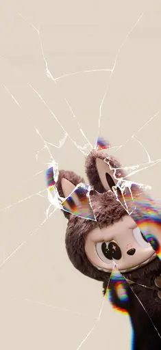Labubu with starry eyes peeking through cracked glass, beige background