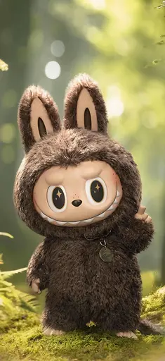 Labubu with twinkling eyes and pendant, tilted head in magical forest