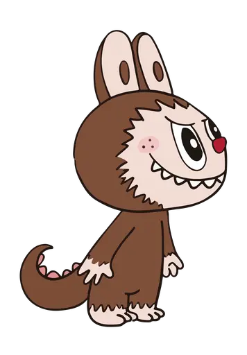 Dark brown Labubu with sly smile in dinosaur tail onesie, minimalist style
