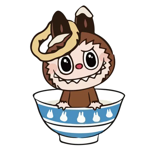 Chocolate Labubu with donut ear in blue bunny bowl, whimsical breakfast art