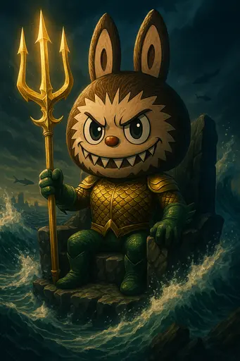 Labubu dressed as Aquaman holding a golden trident on a sea throne