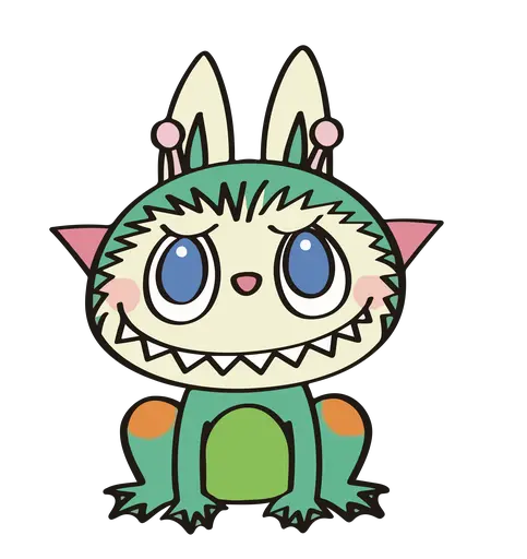 Green, cream, orange Labubu in frog pose, blue eyes, bold cartoon style
