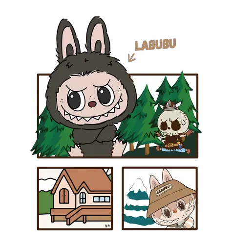 Grey Labubu in dark bunny costume with forest and cabin comic panels, playful style