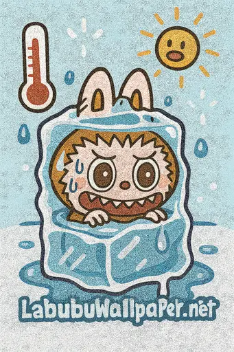 Brown Labubu sweating and hiding inside a melting ice cube