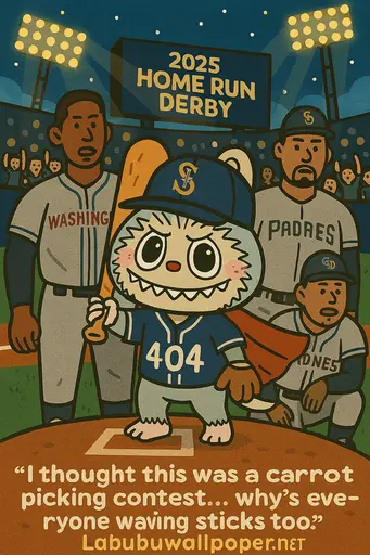 Labubu in baseball uniform at 2025 Home Run Derby with confused players