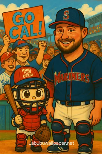 Labubu in catcher gear with Cal Raleigh at 2025 Home Run Derby celebration