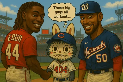 Labubu shaking hands with baseball players at 2025 Home Run Derby