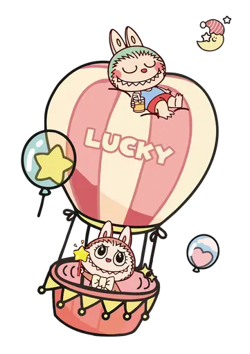 Labubu in green and pink bunny suits in hot air balloon, star and moon decorations