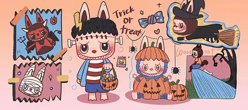 Labubu characters in Halloween costumes with a playful orange background