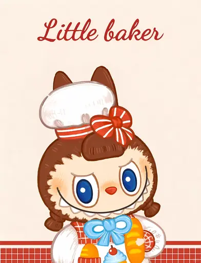Labubu in chef hat and apron holding bread and cupcakes, cozy cartoon style