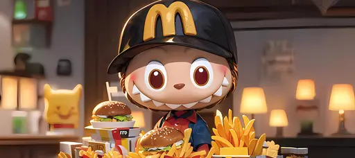 3D Labubu in McDonald's outfit smiling over burgers and fries
