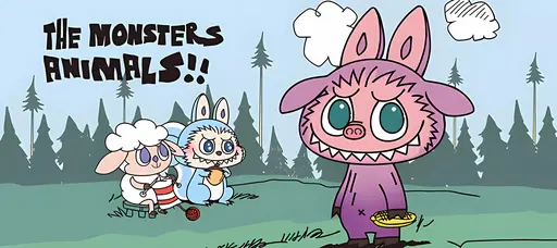 Labubu in pig costume with sheep and yeti in cartoon forest, blue sky