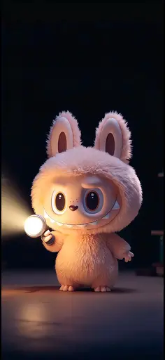 Light Pink Labubu in bunny costume holding flashlight, wide eyes, dark room